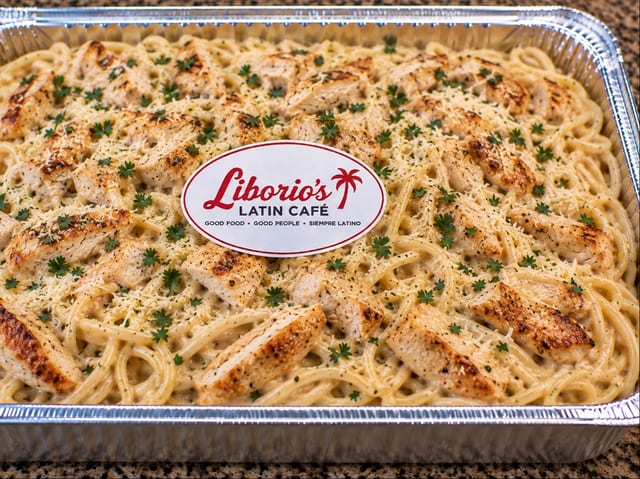 Spaghetti with Chicken in Alfredo Sauce.